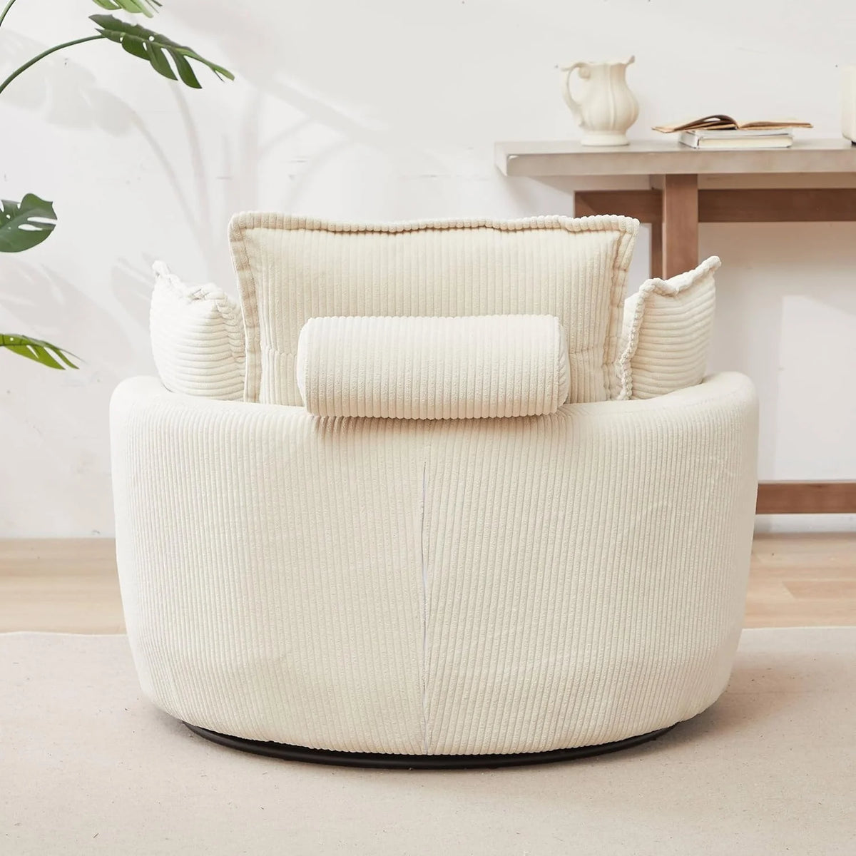 Beige Corduroy Tufted Swivel Accent Chair with Ottoman Q837