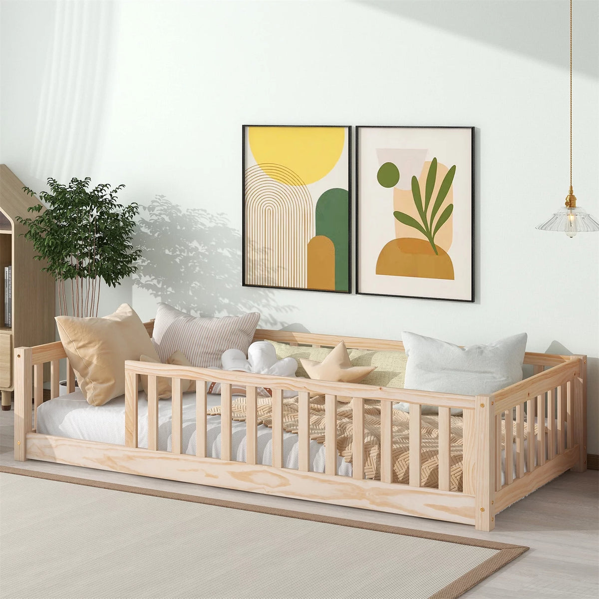 White Twin Floor Bed Frame with Fence and Wood Slats L981579