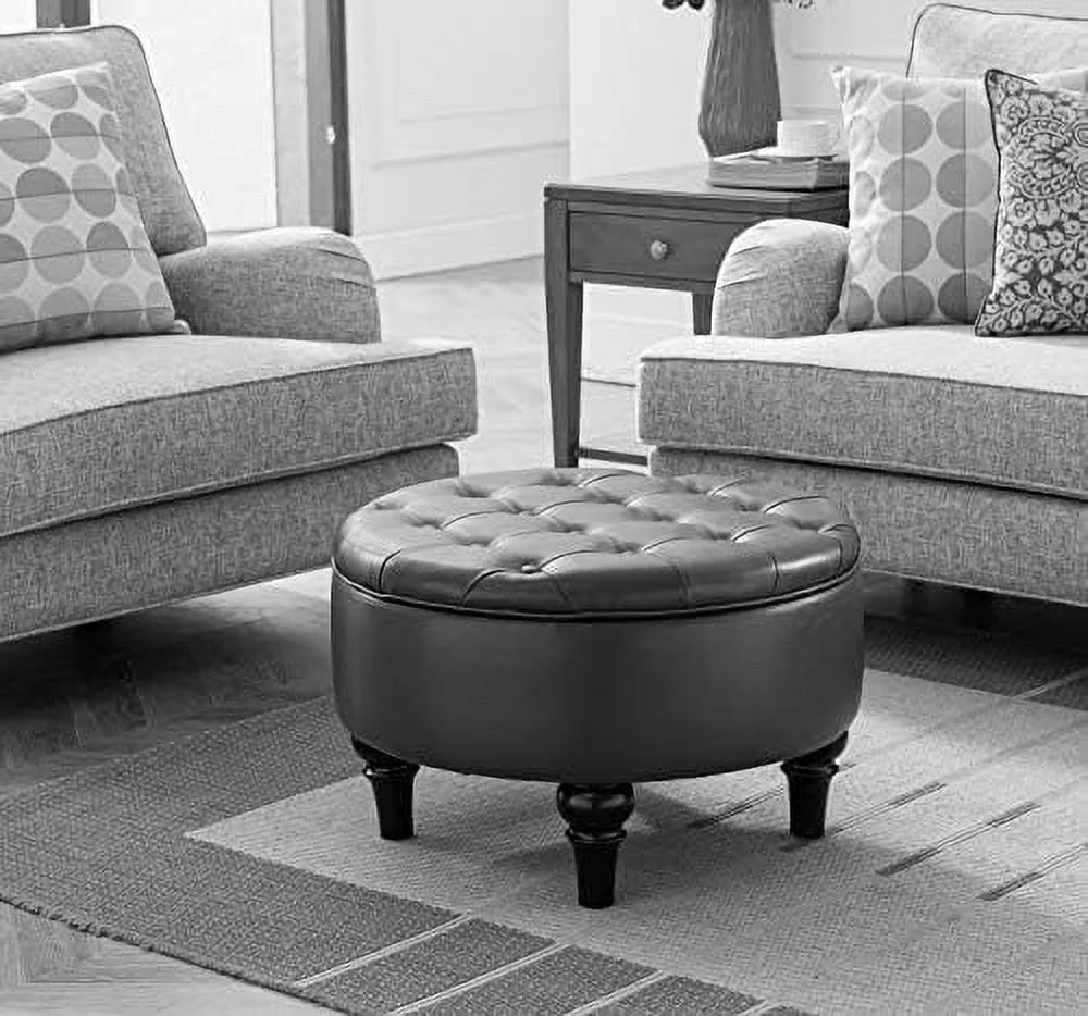 Faux Leather Round Ottoman with Tray Top W5177