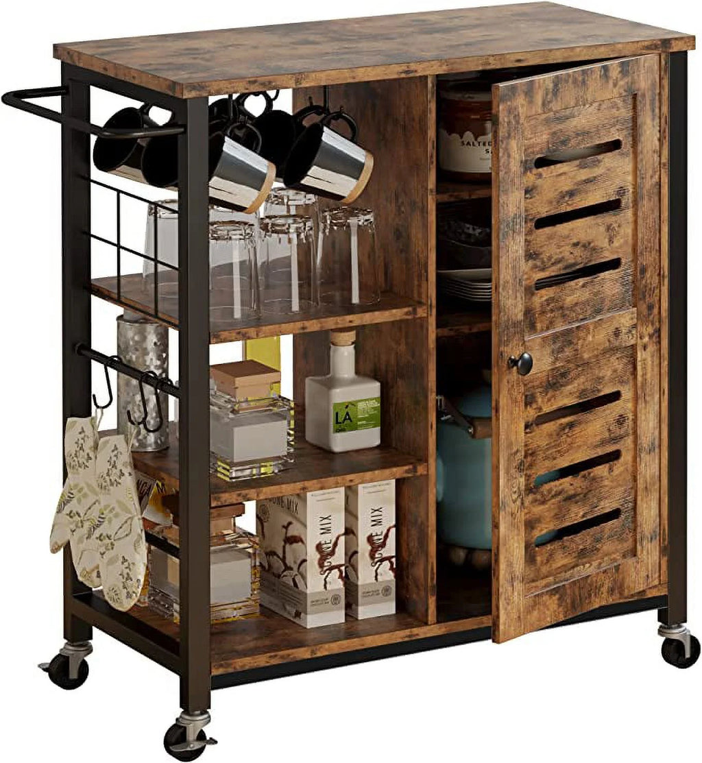 Storage Cabinet with Wheels, 31.5" Kitchen Cart Cabinet with Shelves, Vintage Brown S35333