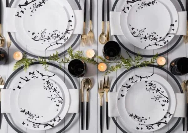 50 Pack 10" Round White Plastic Plates with Black Floral Design X2460