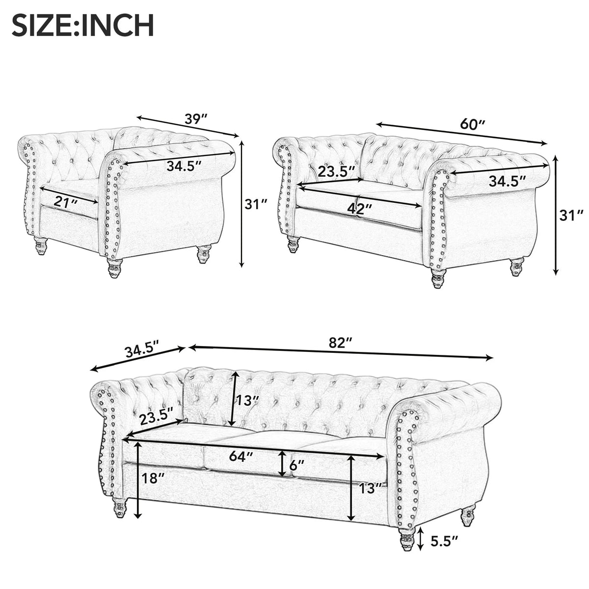 Blue Plush Upholstered Sofa with Solid Wood Legs Y818820