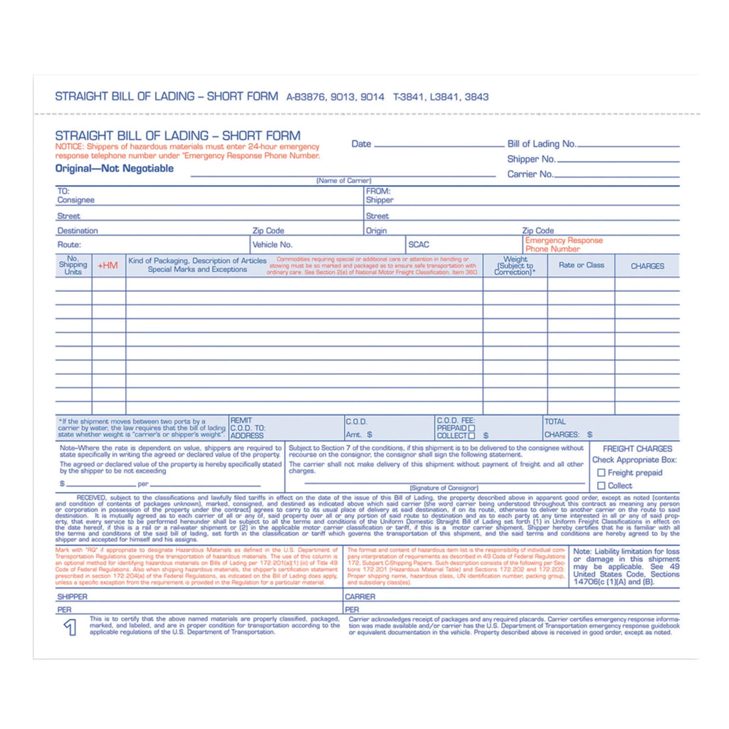 Carbonless Bill of Lading 250 Forms/Pack S4237