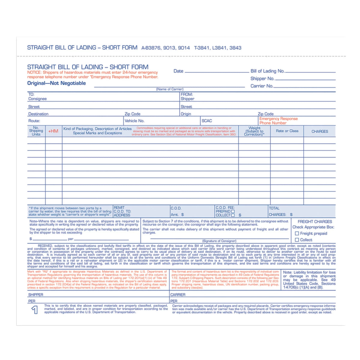 Carbonless Bill of Lading 250 Forms/Pack S4237