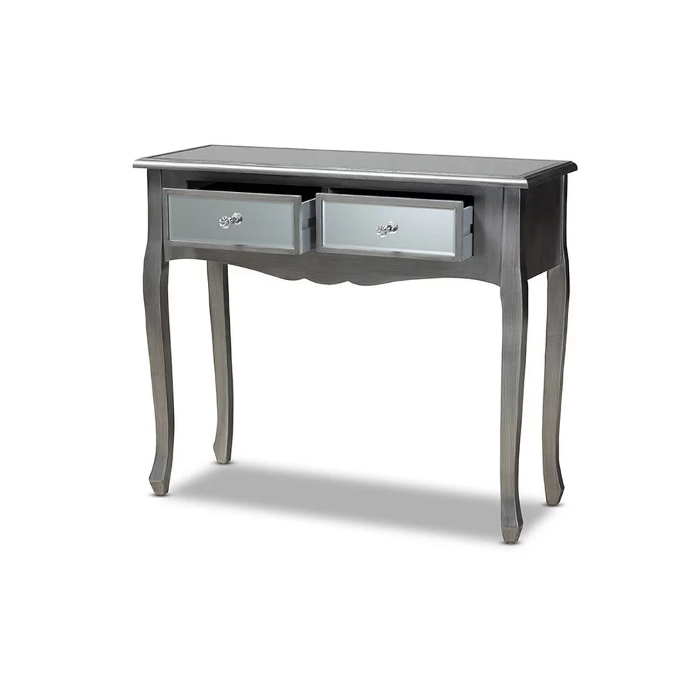 Brushed Wood and Mirrored Glass 2-Drawer Console Table J32661