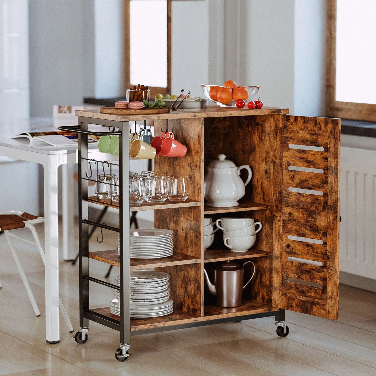 Storage Cabinet with Wheels, 31.5" Kitchen Cart Cabinet with Shelves, Vintage Brown S35333