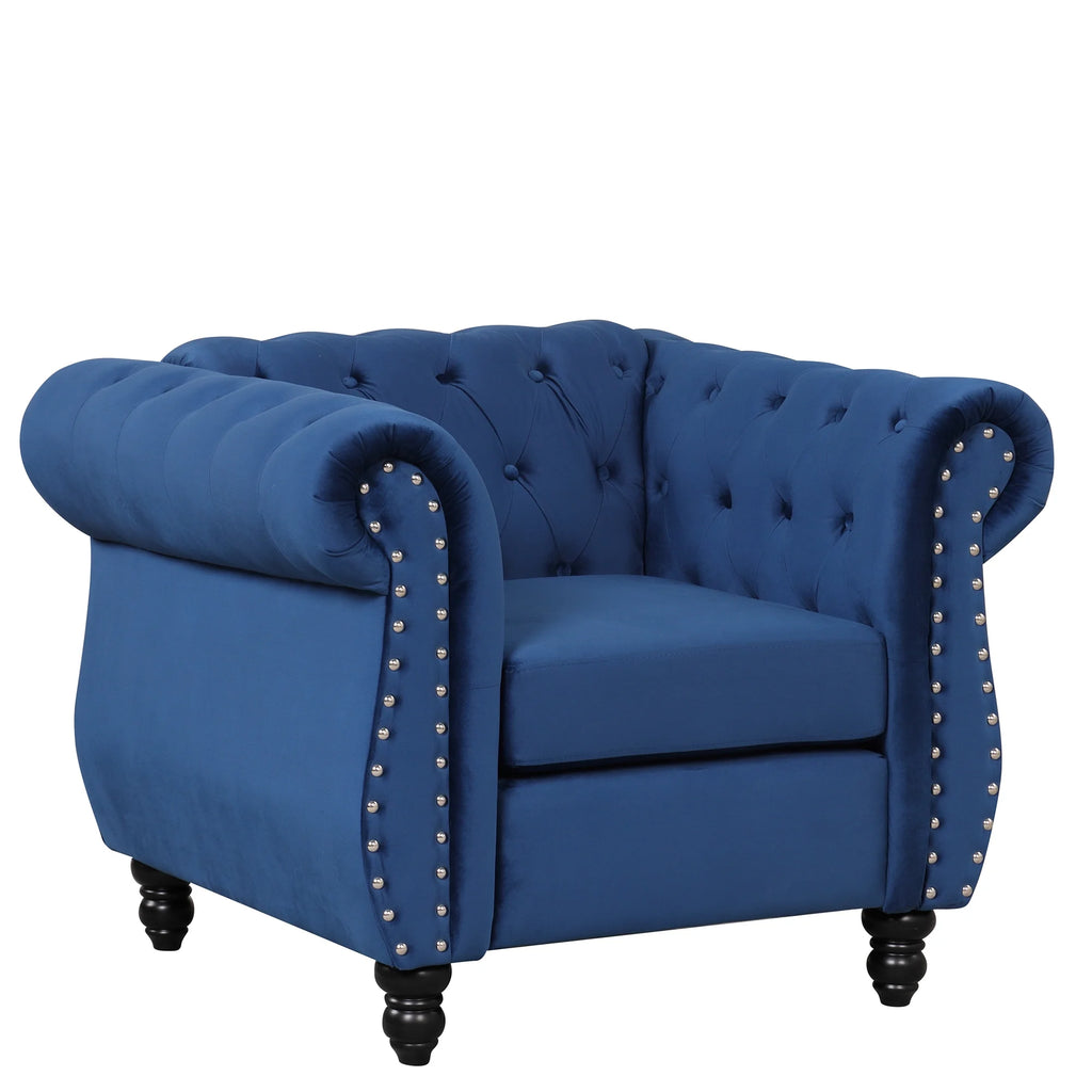 Blue Plush Upholstered Sofa with Solid Wood Legs Y818820