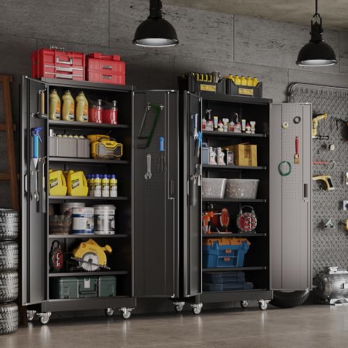 73''H White Metal Storage Cabinet with Wheels and Pegboards C90960