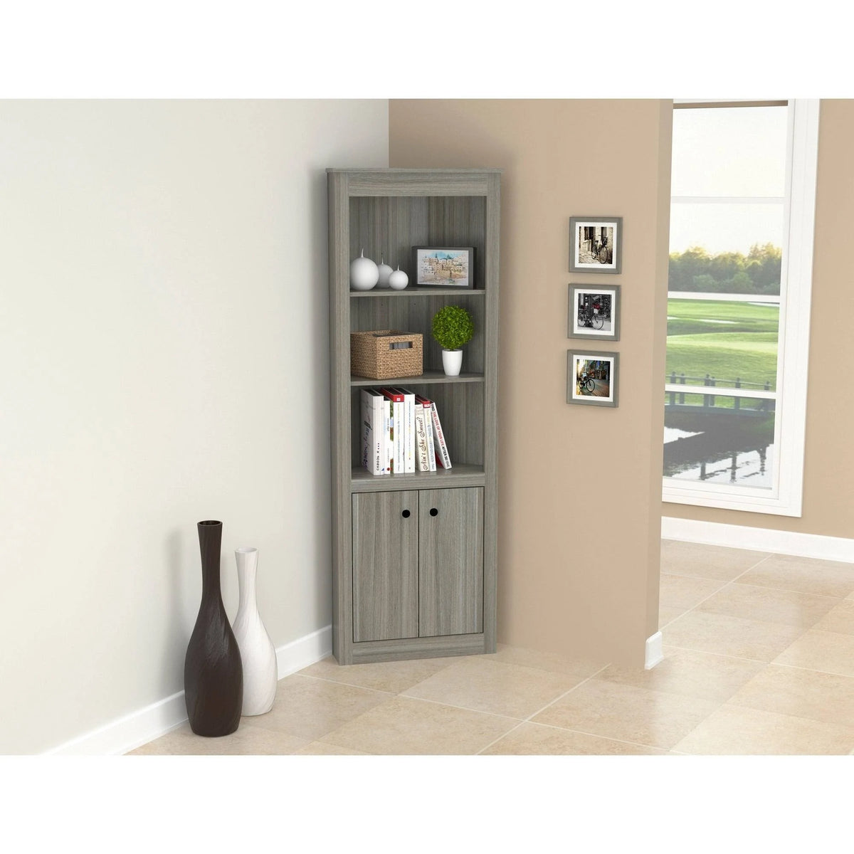 Smoked Oak Corner Bookcase V97133