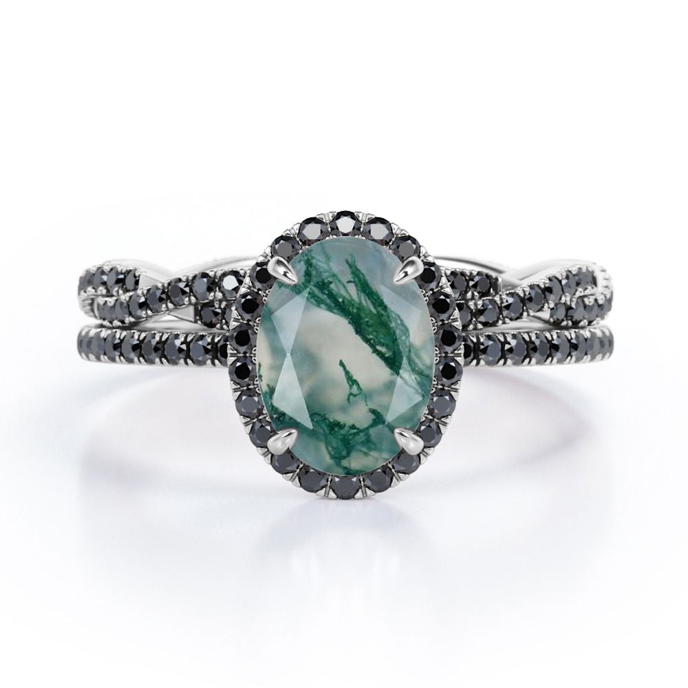 18K Gold over Silver Oval-Shaped Moss Green Agate Bridal Set O57194