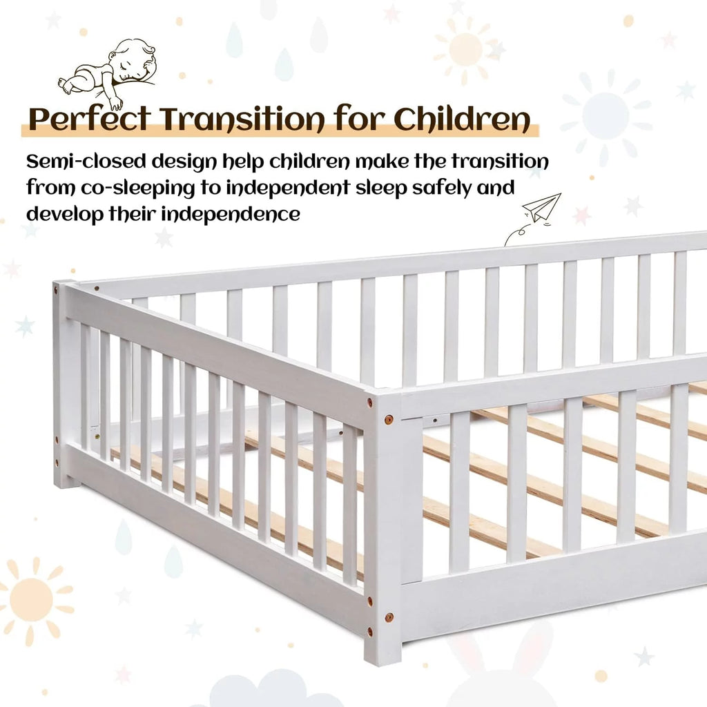 White Twin Floor Bed Frame with Fence and Wood Slats L981579