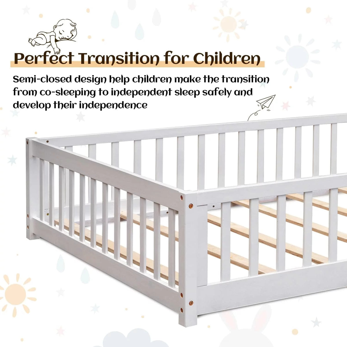 White Twin Floor Bed Frame with Fence and Wood Slats L981579