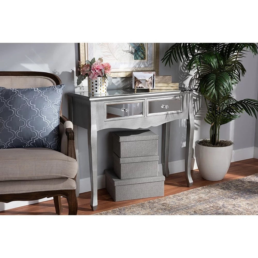 Brushed Wood and Mirrored Glass 2-Drawer Console Table J32661