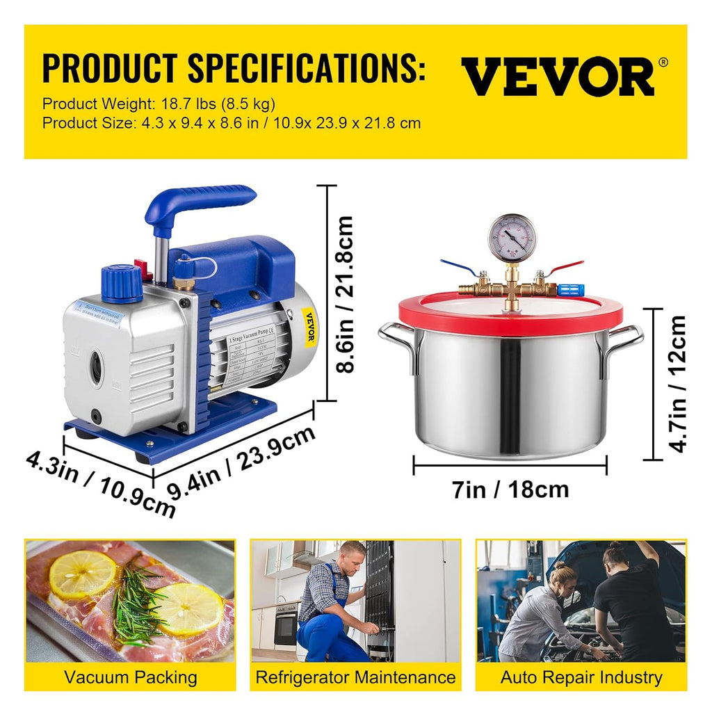 3CFM Single Stage 1/4HP Vacuum Pump with 1 Gallon Vacuum Degassing Chamber M28603