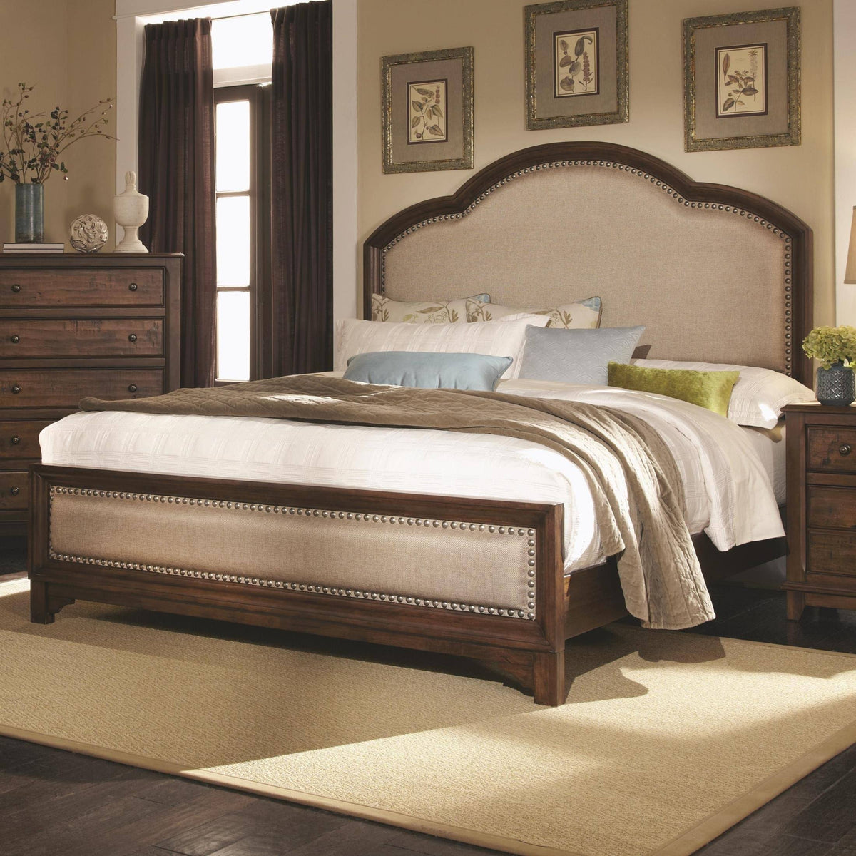 Rustic Brown King Upholstered Panel Bed O8984