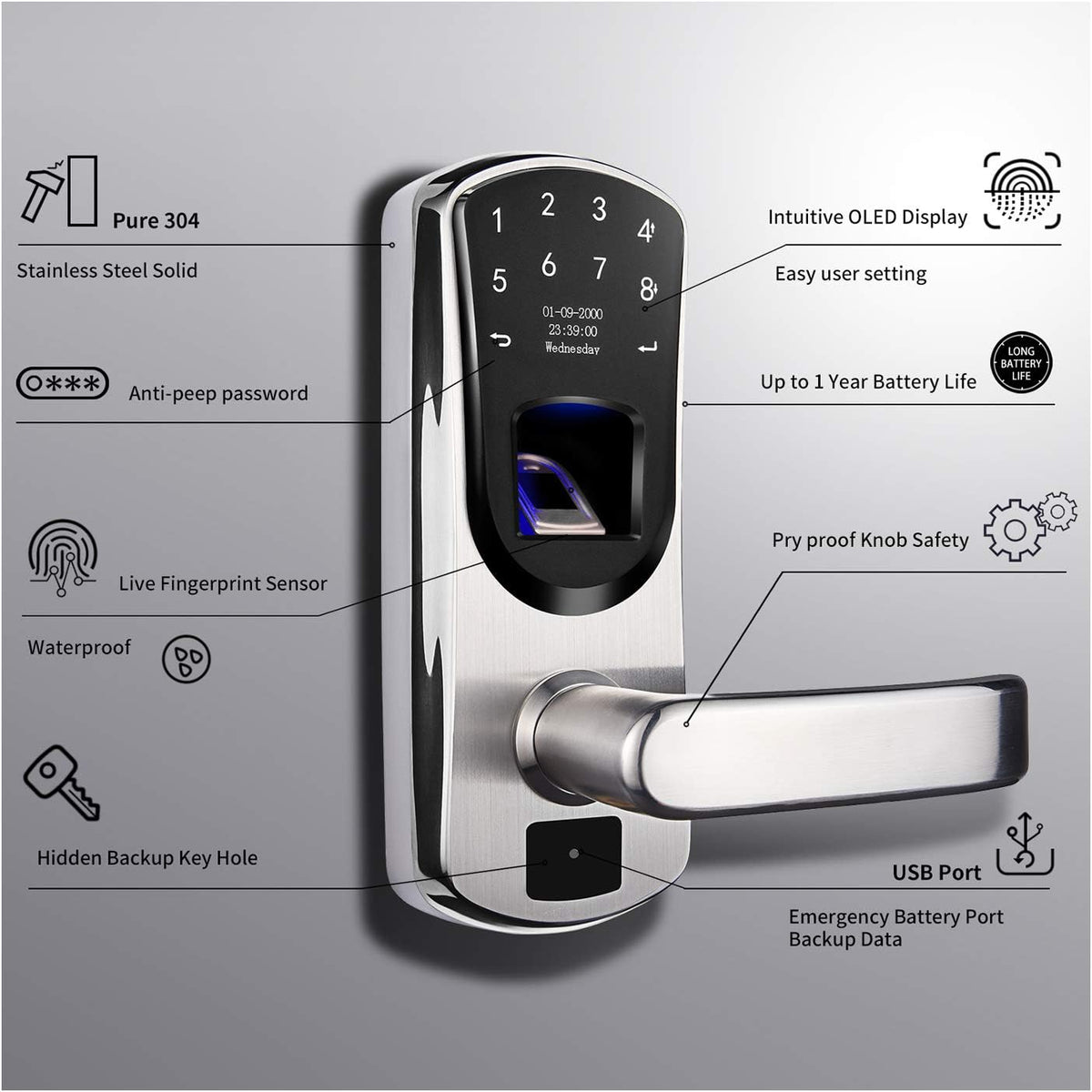 Smart Door Lock with Fingerprint Stainless Steel Touchscreen H2575