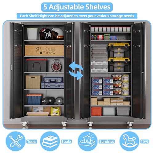 73''H White Metal Storage Cabinet with Wheels and Pegboards C90960
