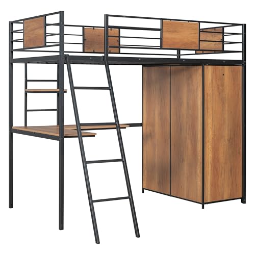 Twin Size Metal Wood Loft Bed Frame with Desk Stairs Storage Wardrobe A116