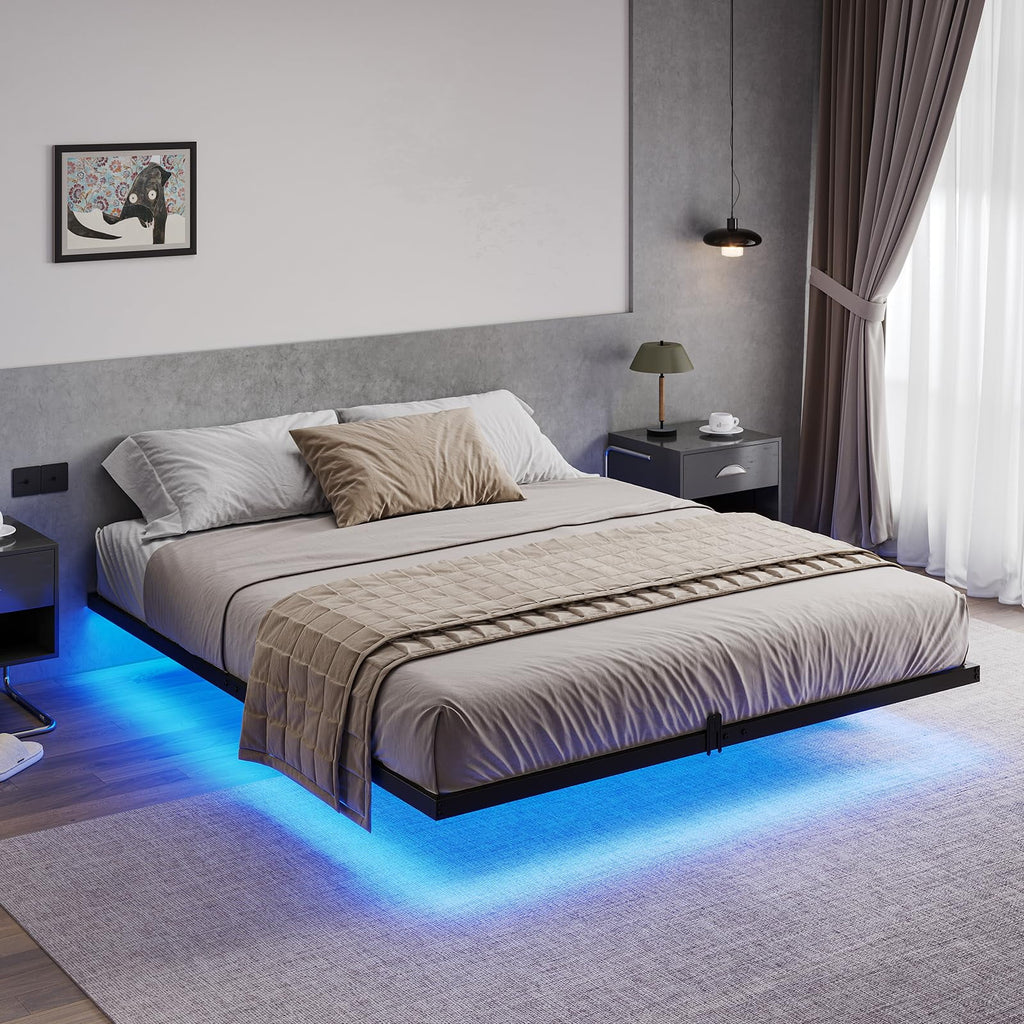 Queen Size Black Metal Platform Bed Frame with LED Lights J19170