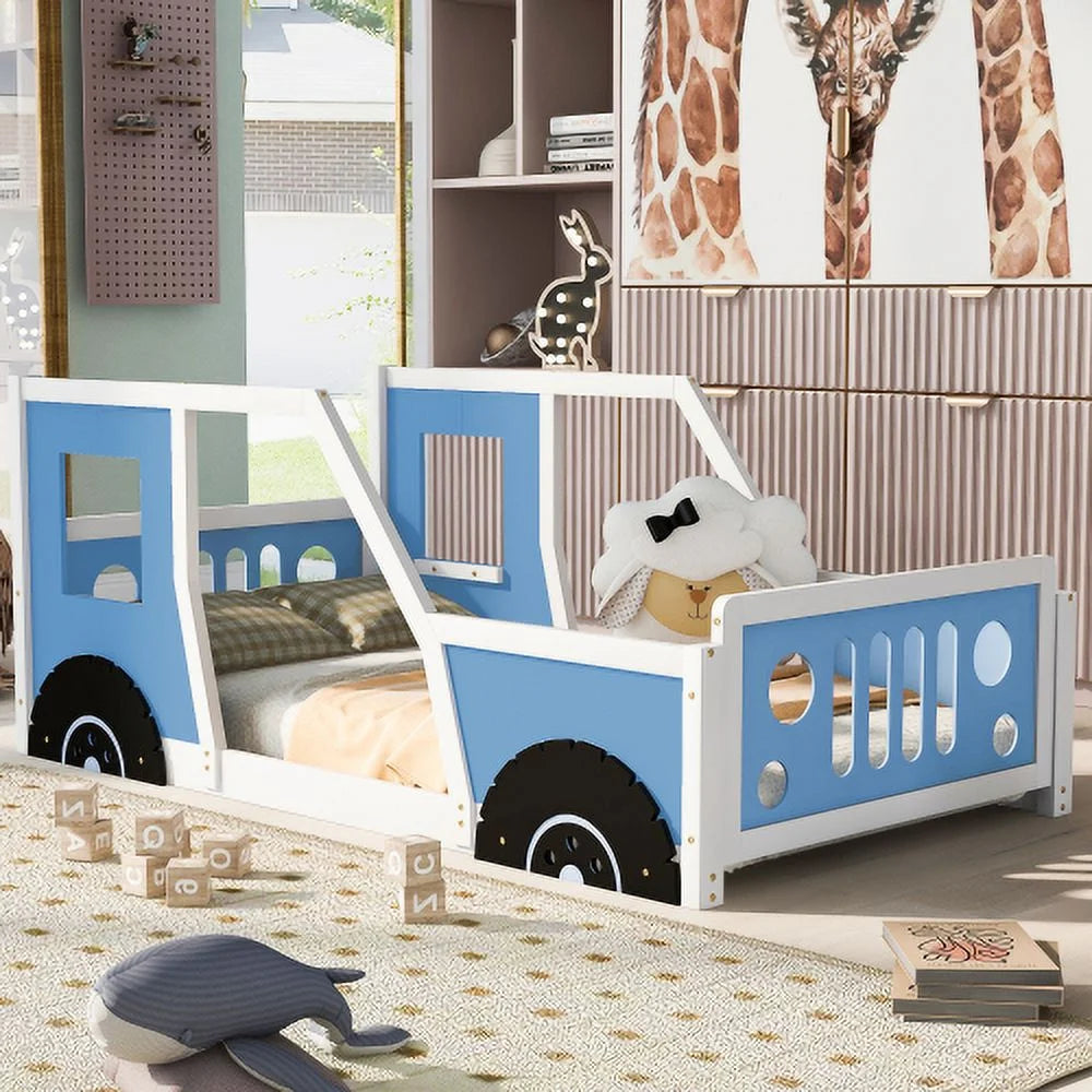 Twin Size Car-Shaped Platform Bed with Wheels Blue N3725