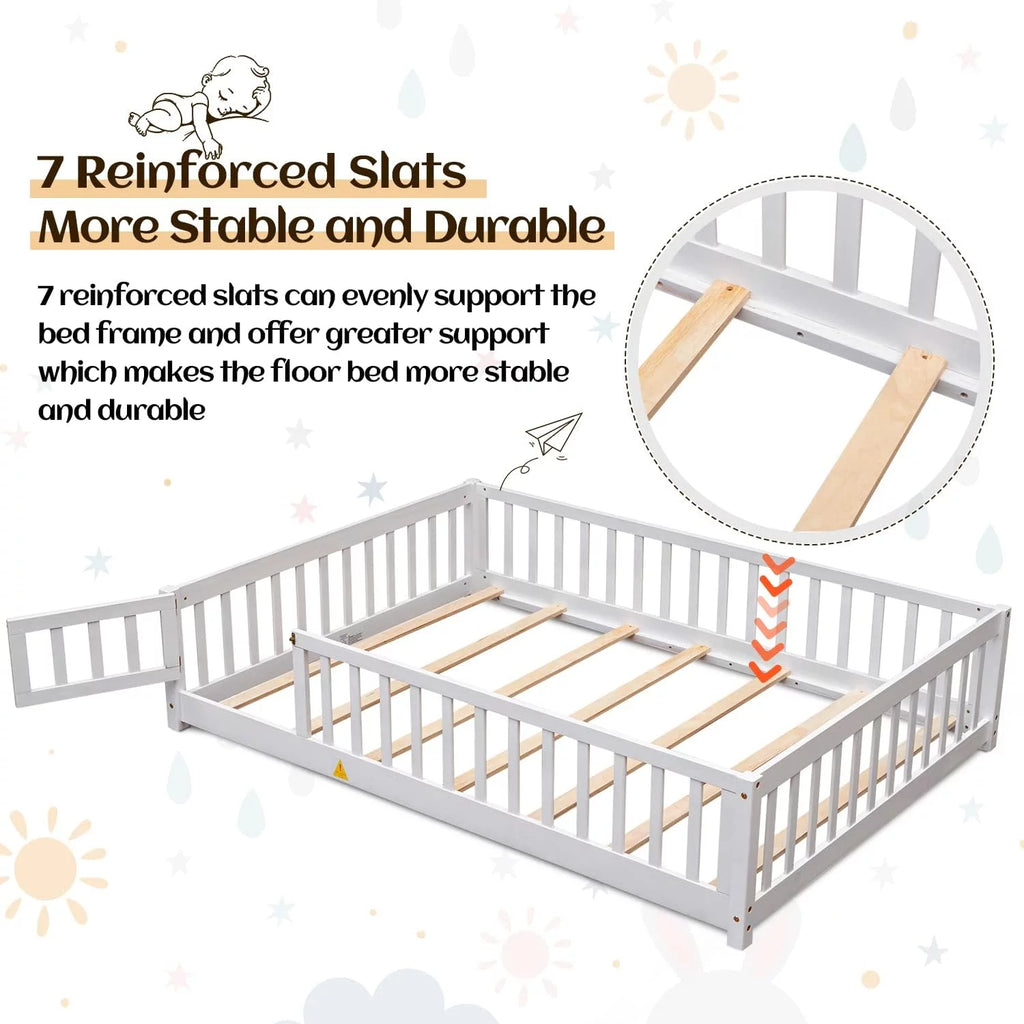 White Twin Floor Bed Frame with Fence and Wood Slats L981579