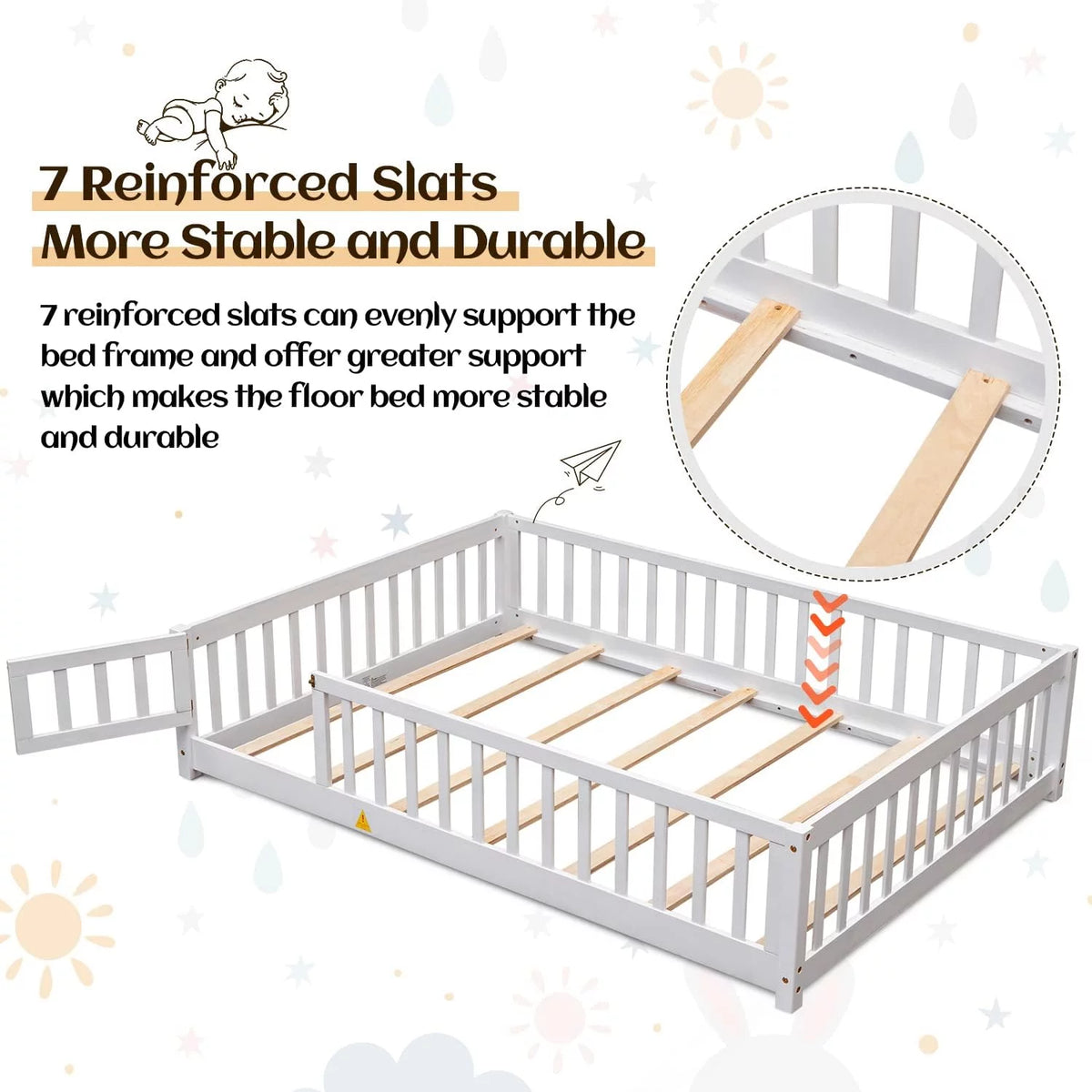 White Twin Floor Bed Frame with Fence and Wood Slats L981579
