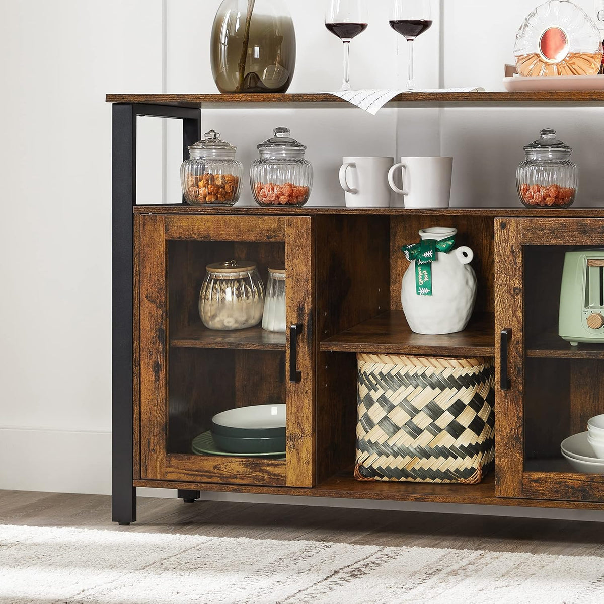 Rustic Brown and Black Buffet Cabinet with Glass Doors D755988