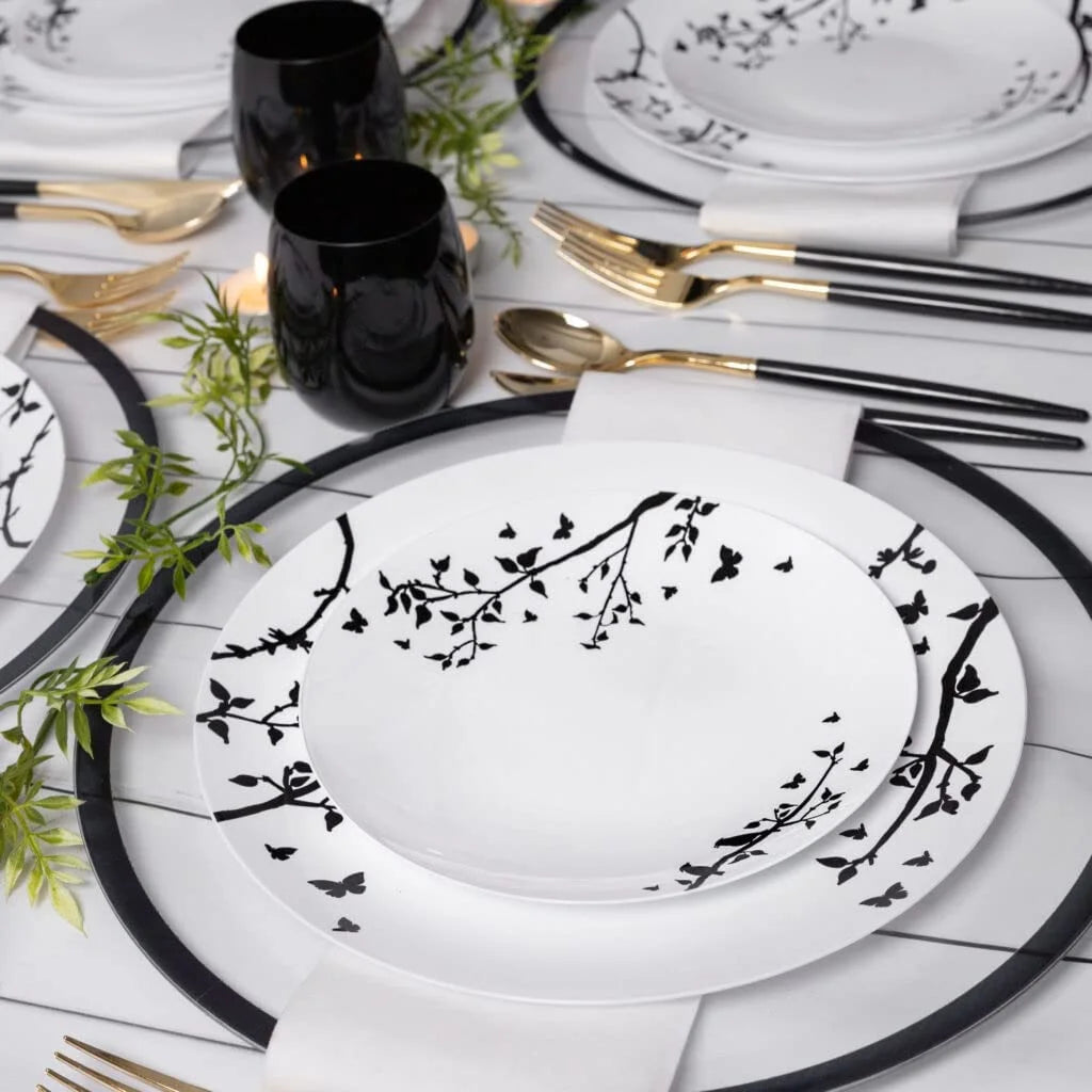 50 Pack 10" Round White Plastic Plates with Black Floral Design X2460