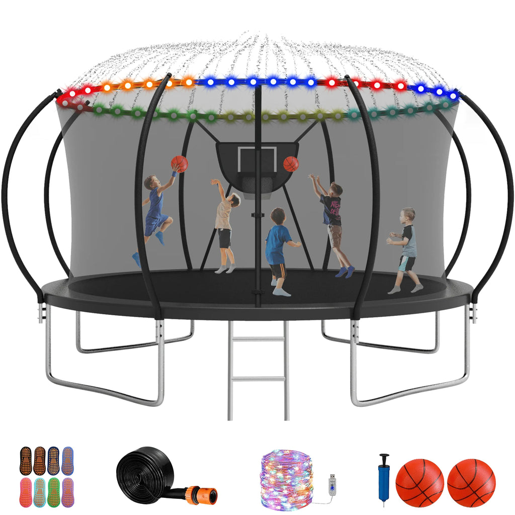 12FT 14FT Trampoline with Enclosure, Basketball Hoop, LED Light and Sprinkler R8603