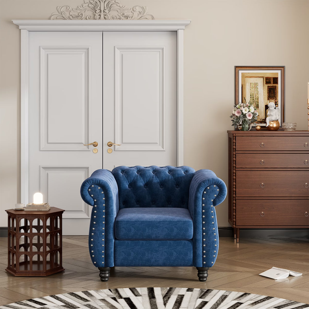 Blue Plush Upholstered Sofa with Solid Wood Legs Y818820