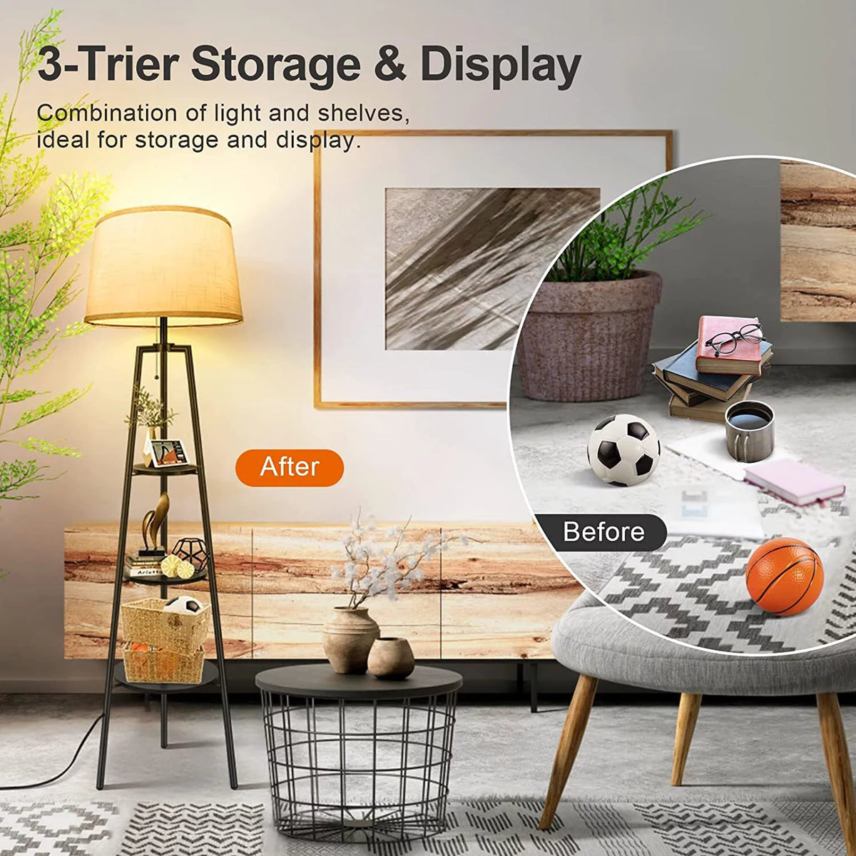 Black Tripod Floor Lamp with Shelves E5477