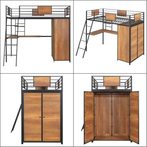 Twin Size Metal Wood Loft Bed Frame with Desk Stairs Storage Wardrobe A116