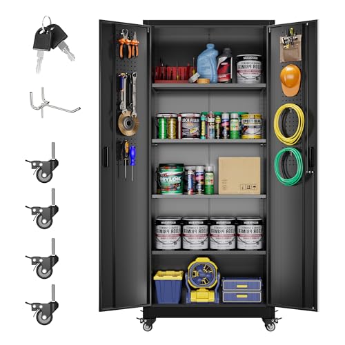 73''H White Metal Storage Cabinet with Wheels and Pegboards C90960