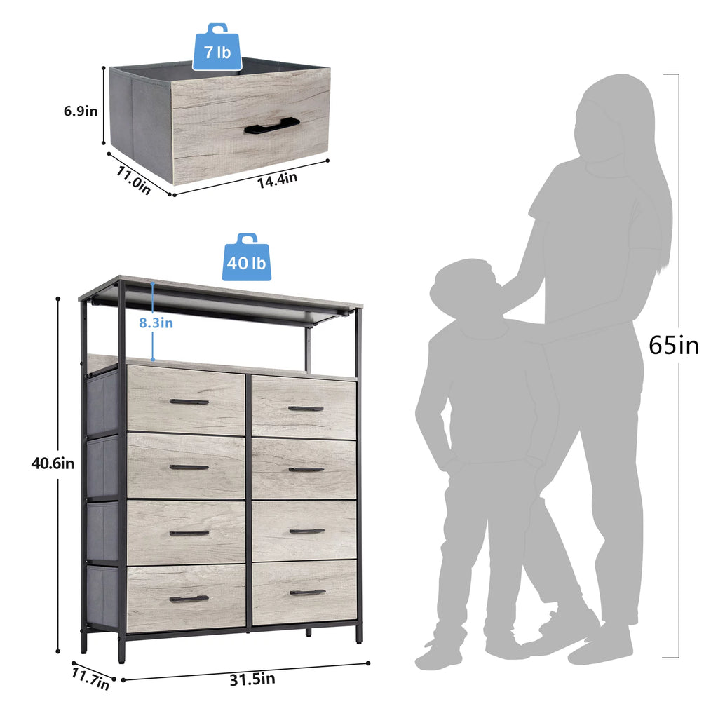 8 Drawer Greige Dresser with Shelves F185