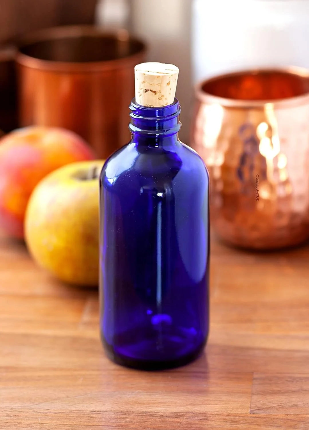 8 Oz Cobalt Blue Glass Bottle with Cork Stopper 4 Pack N732025
