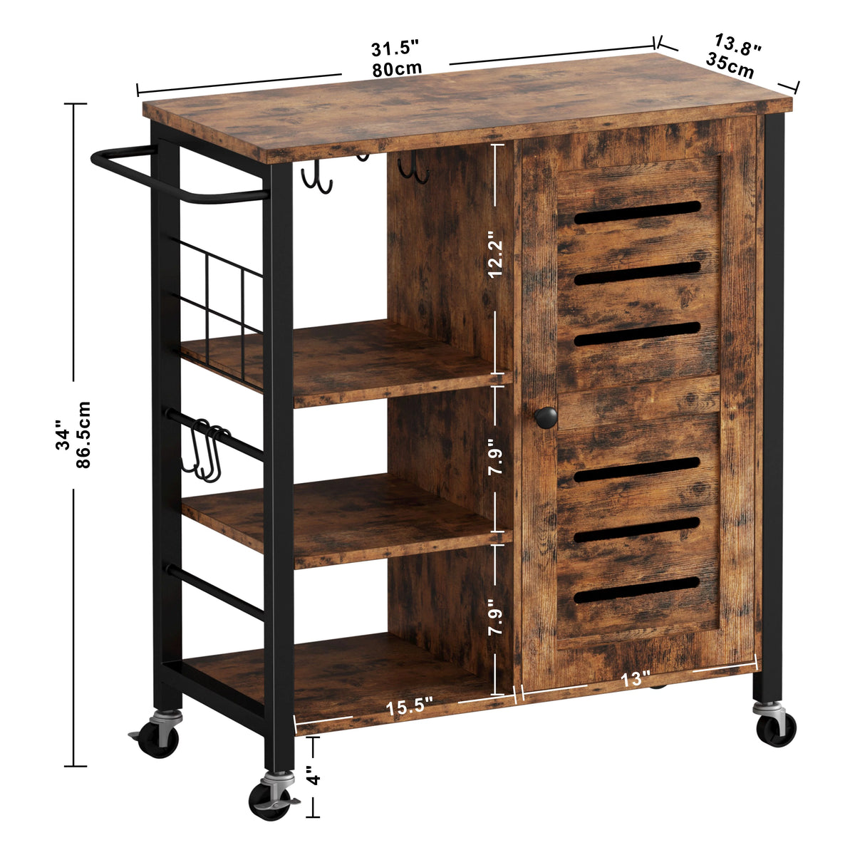 Storage Cabinet with Wheels, 31.5" Kitchen Cart Cabinet with Shelves, Vintage Brown S35333