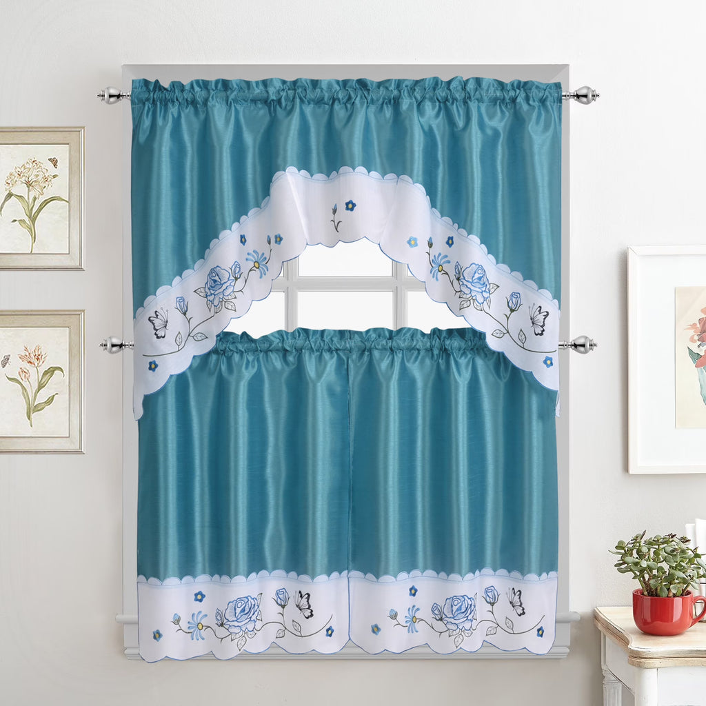 Turquoise 3-Piece Kitchen Curtain Tiers & Swag Set, 58x36 & 28x36 inches Q565