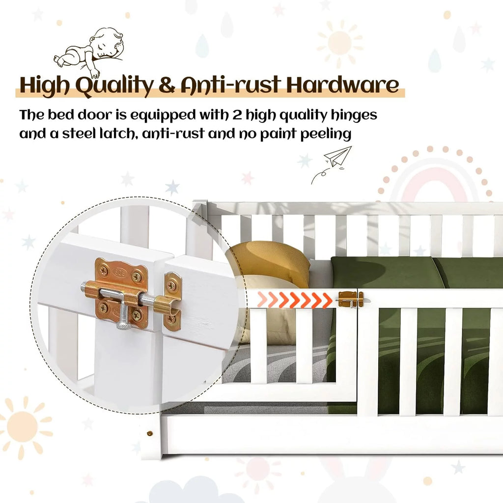 White Twin Floor Bed Frame with Fence and Wood Slats L981579