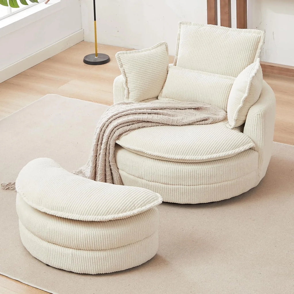 Beige Corduroy Tufted Swivel Accent Chair with Ottoman Q837