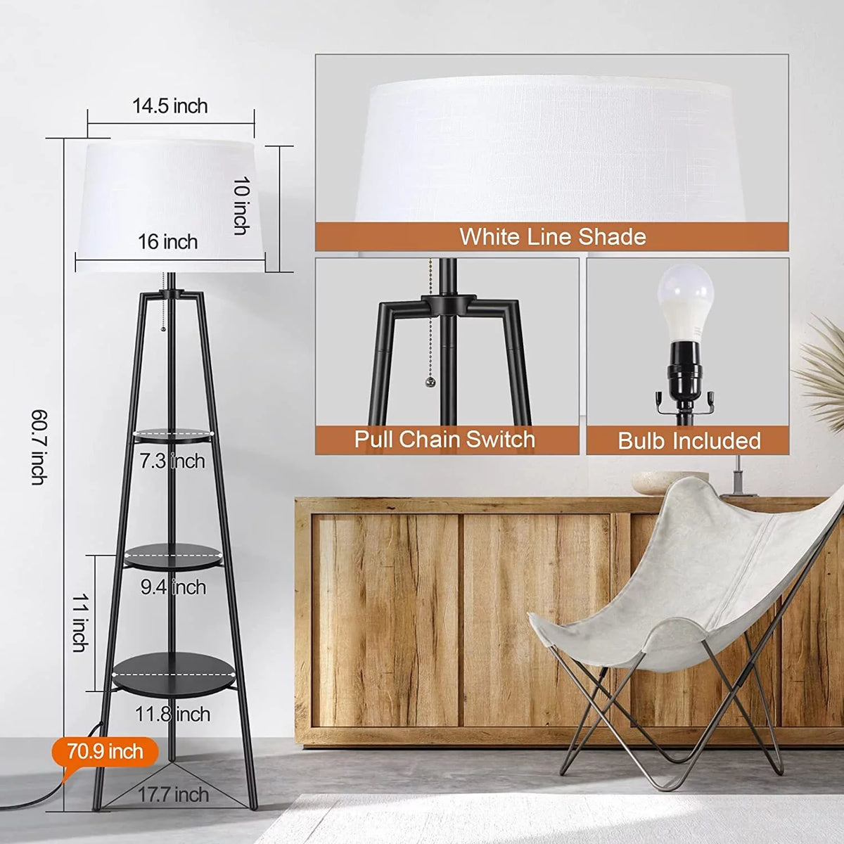 Black Tripod Floor Lamp with Shelves E5477