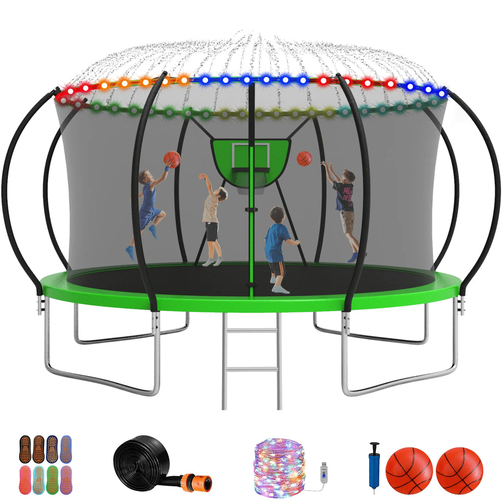 12FT 14FT Trampoline with Enclosure, Basketball Hoop, LED Light and Sprinkler R8603