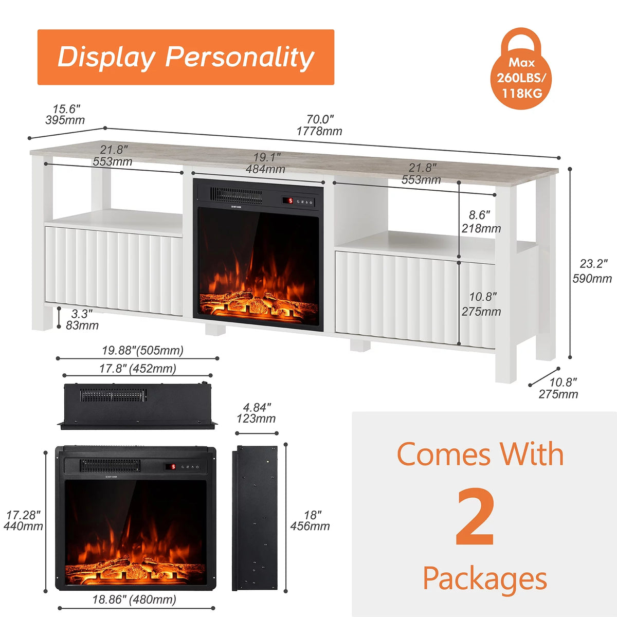 White Fireplace TV Stand up to 80 Inch H44452