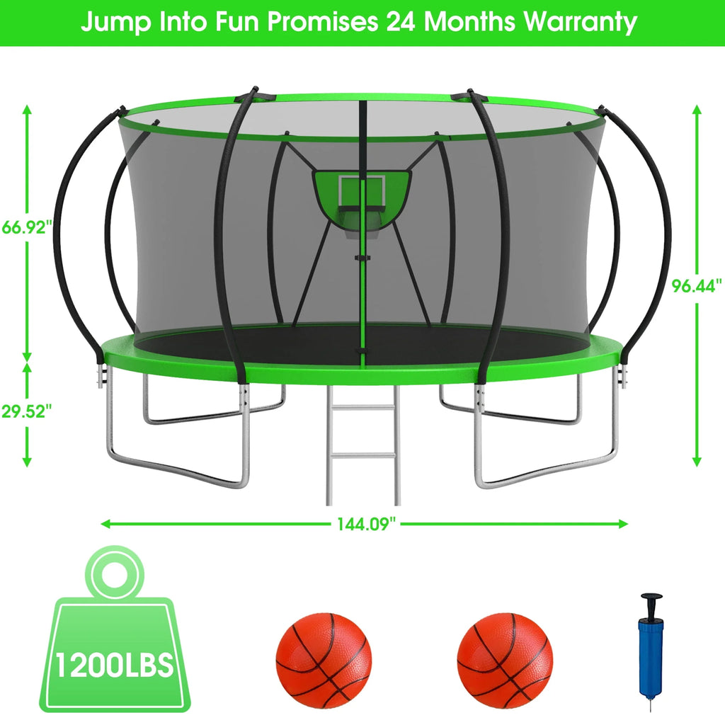 12FT 14FT Trampoline with Enclosure, Basketball Hoop, LED Light and Sprinkler R8603