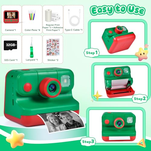 Kids Instant Print Camera with Carrying Bag, 1080P HD, 32GB Card, Pink H30730