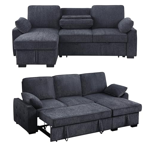 86 Inch Chenille L Shaped Sleeper Sectional Sofa with Storage Chaise Y7417