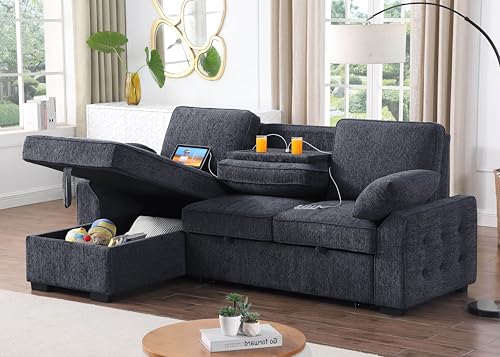 86 Inch Chenille L Shaped Sleeper Sectional Sofa with Storage Chaise Y7417