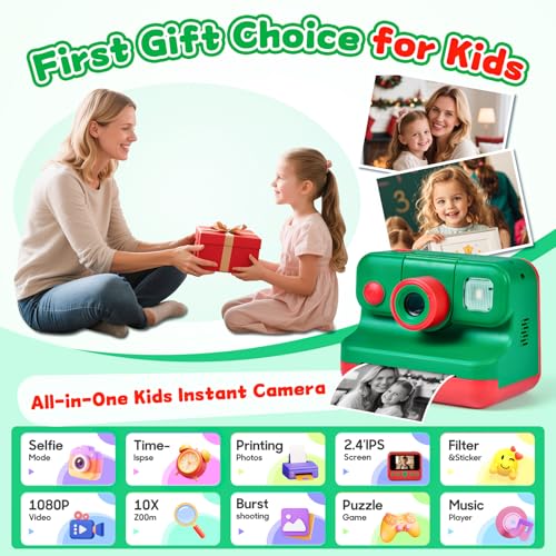 Kids Instant Print Camera with Carrying Bag, 1080P HD, 32GB Card, Pink H30730
