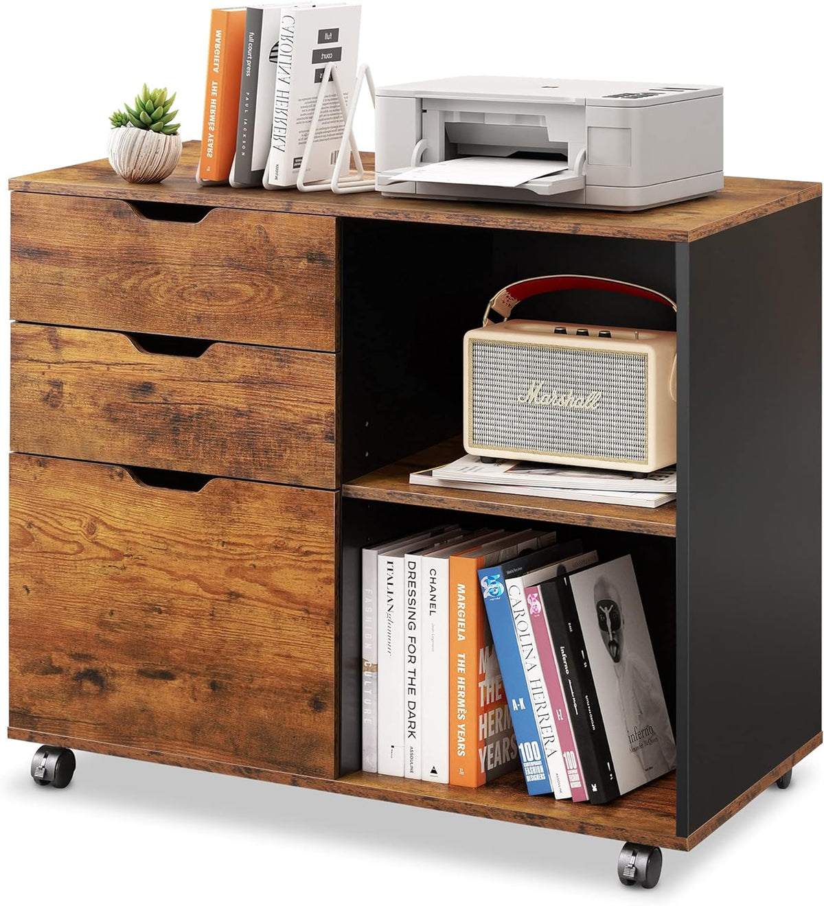 3-Drawer Wood File Cabinet with Open Storage Shelves, Rustic Brown N140316