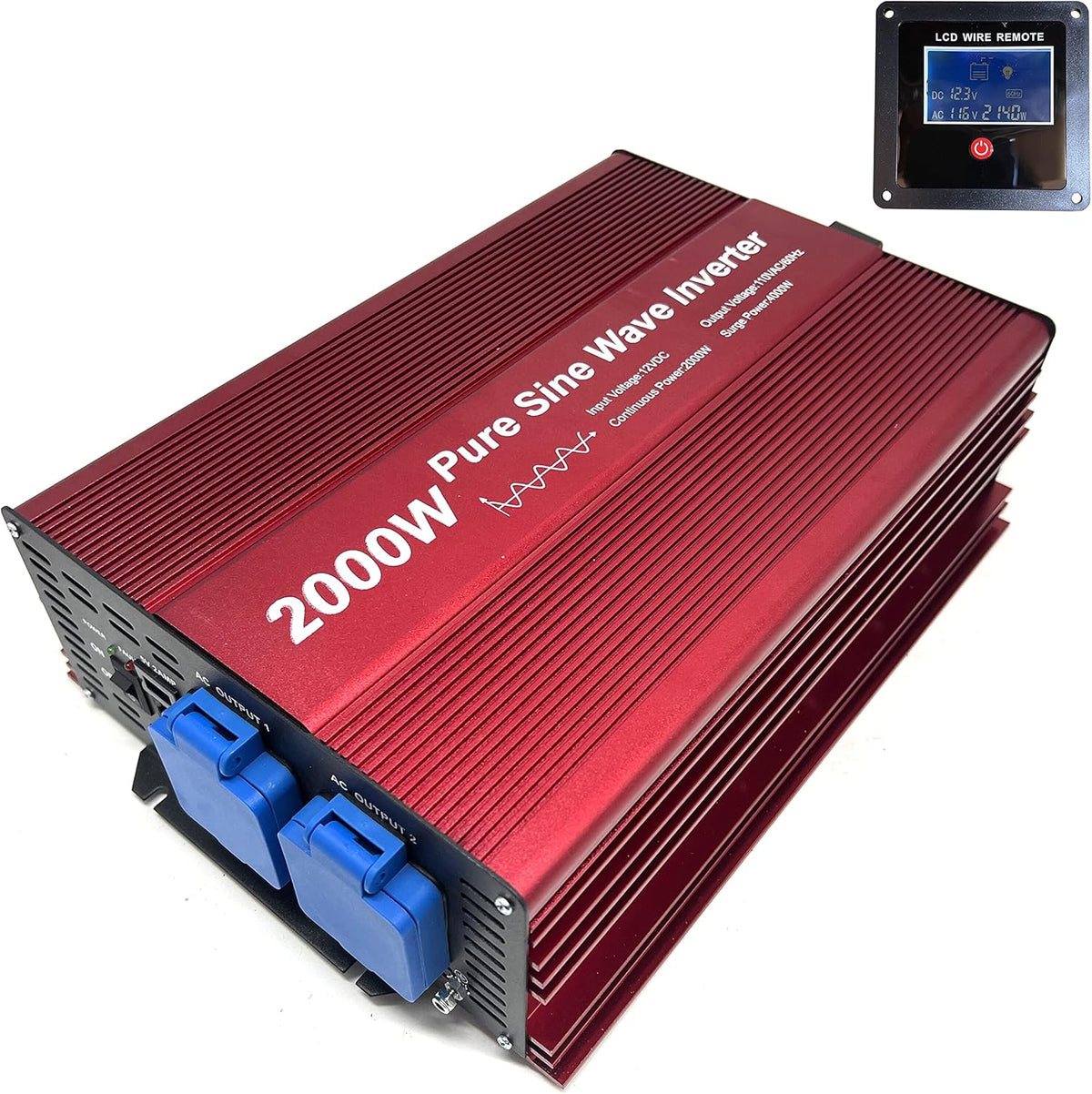 2000W Pure Sine Wave Inverter 12V to 120V AC with 2 AC Outlets, DC5V 2 Amp USB Output, LCD Wire Remote Kit and OFC Battery Cables M5196