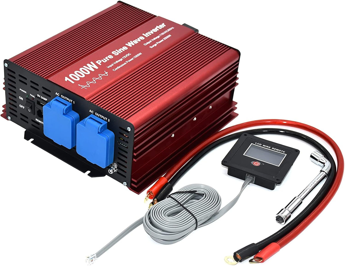 2000W Pure Sine Wave Inverter 12V to 120V AC with 2 AC Outlets, DC5V 2 Amp USB Output, LCD Wire Remote Kit and OFC Battery Cables M5196